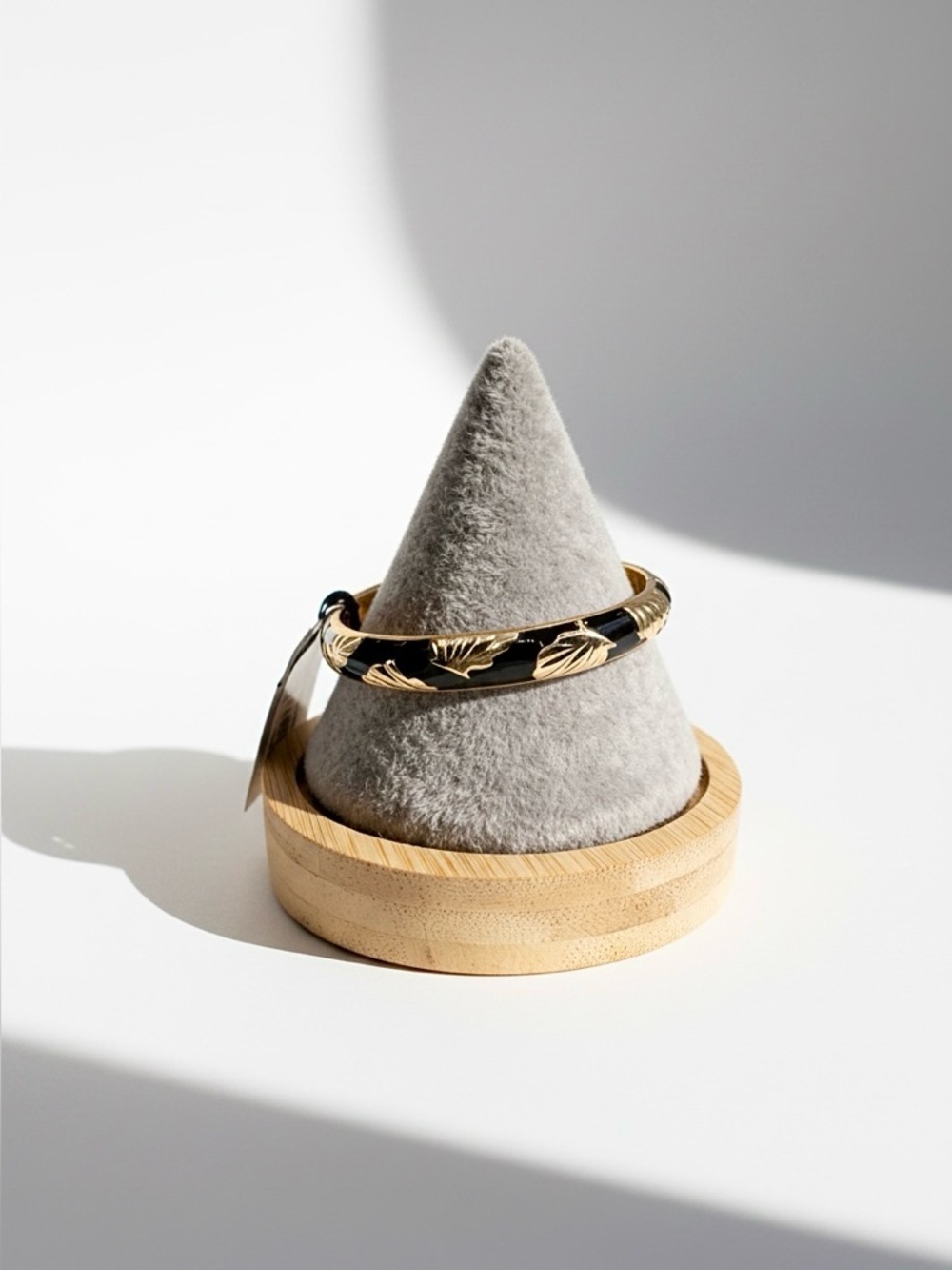 Black & Gold Leaf Hinged Bangle Bracelet | Enamel Accent